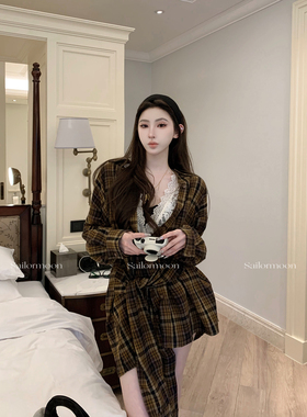 F PROJECT【韩系慵懒感】City walk适配度满分！长袖绑带格子衬衫