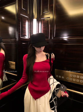 F PROJECT【圣诞带拆礼物】小漏香肩绑带设计纯欲针织衫打底上衣