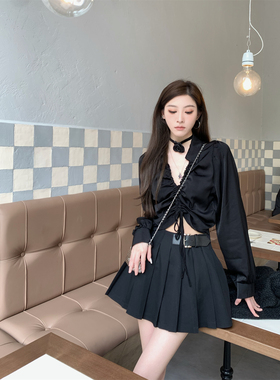 F PROJECT  皮扣百褶半身裙女秋高腰显瘦A字短裤