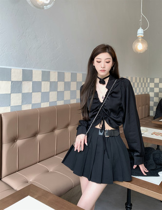 F PROJECT  皮扣百褶半身裙女秋高腰显瘦A字短裤