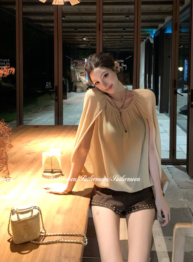 F PROJECT【丽兹小姐】100%莱赛尔斗篷式假两件针织漏肩上衣女