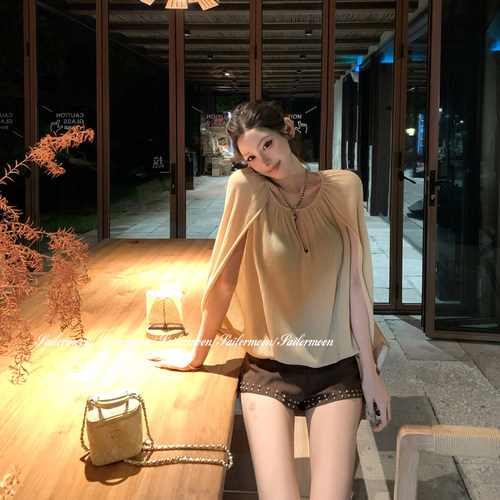 F PROJECT【丽兹小姐】100%莱赛尔斗篷式假两件针织漏肩上衣女