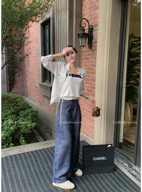 F PROJECT【丹宁艺术家】亚麻杂色休闲裤/显瘦直筒高腰牛仔裤女