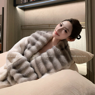 F PROJECT【冰岛恋歌】仿水貂龙猫青紫蓝貂条纹绑带翻领皮草外套