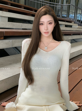 F PROJECT【淡颜天菜】羊毛4色百搭款修身后背镂空V领内搭打底衫