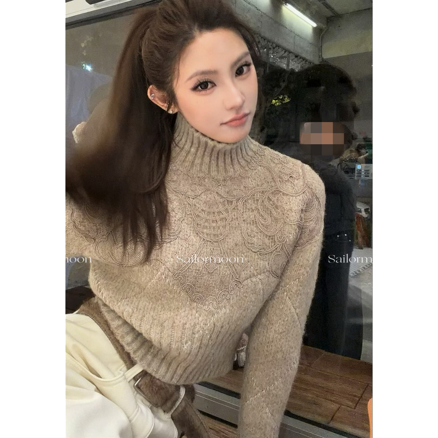 F PROJECT【蕾丝之王】小众品牌蕾丝缀饰菱纹半高领圣诞短款毛衣