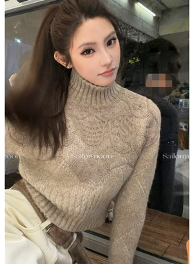 F PROJECT【蕾丝之王】小众品牌蕾丝缀饰菱纹半高领圣诞短款毛衣