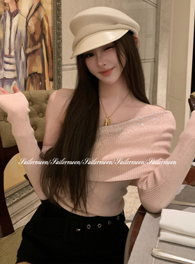 F PROJECT【星落银河】斜肩钻烫钻针织秋冬修身显瘦长袖针织上衣