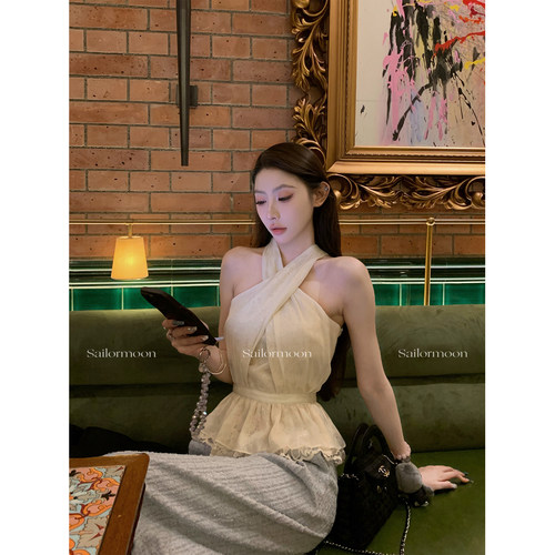 F PROJECT【月光芭蕾】重工气质御姐蕾丝交叉挂脖上衣精致小背心