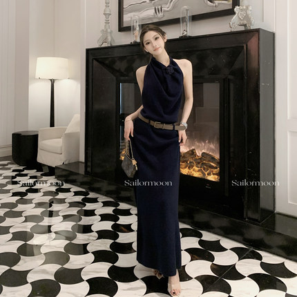 F PROJECT【雕塑女神】无袖挂脖荡领系带收腰针织连衣裙（送腰带