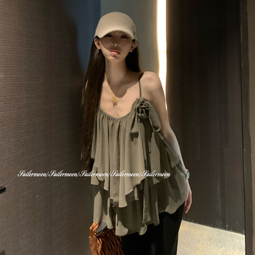 F PROJECT【夏花漫游】设计感小众挂脖吊带上衣女V领设计感雪纺衫