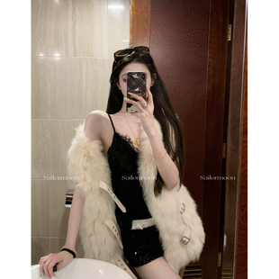 内搭打底上衣 PROJECT 两色V领蕾丝拼接绸缎吊带背心女冬季