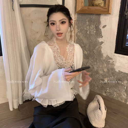 F PROJECT【柏林花事】蕾丝花边V领长袖苎麻衬衫女夏季百搭防晒衫