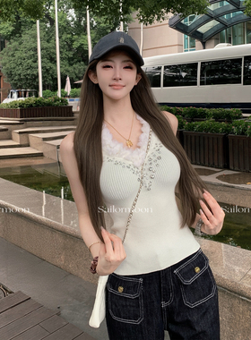 F PROJECT【微弱珠光】领口真狐狸毛羊毛混纺手工水钻两色背心