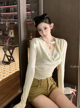 F PROJECT【港女周末】荡领挂脖一体式飘带修身针织衫长袖上衣