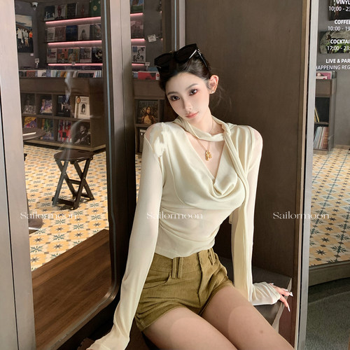 F PROJECT【港女周末】荡领挂脖一体式飘带修身针织衫长袖上衣