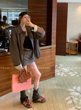 F PROJECT【格恩miu系少女】 拼接格纹拉链外套+包臀短裙两件套