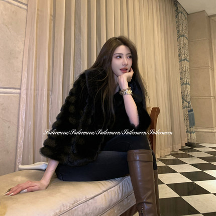 1.9/20点【黑曜石】chao贵气！中古仿貂绒七分袖皮草翻领环保外套