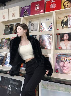 F PROJECT 高级感黑色环保皮草外套女冬百搭长袖短款毛毛上衣