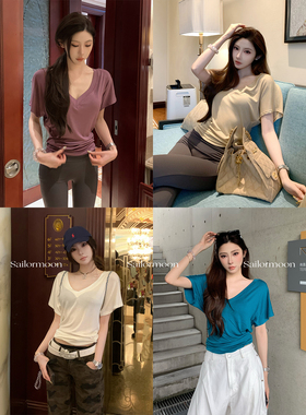 F PROJECT【夏日心头爱】面膜t～V领天丝羊毛蝙蝠袖短袖上衣女夏