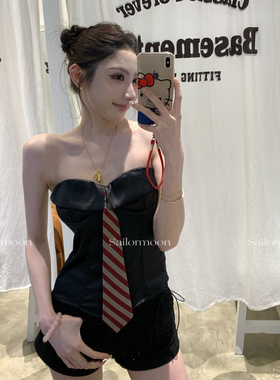 F PROJECT【心动符号】缎面软鱼骨撞色领带翻领抹胸上衣女显瘦