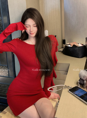 F PROJECT【赫本晚宴】荷叶边褶皱巴尔曼金扣针织圣诞红色连衣裙