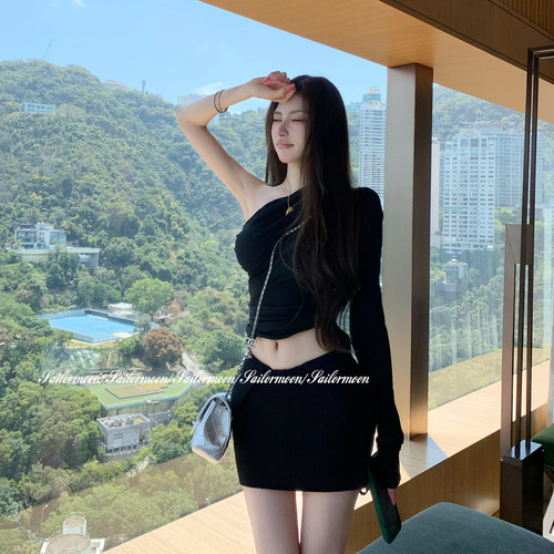 F PROJECT【超模女友】美式辣妹折角腰针织半身裙翻腰包臀短裙