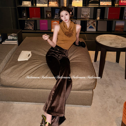 12.20/20点 【戚风慕斯】ro同款丝绒高腰休闲百搭修身喇叭裤女