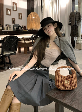 2.4/20点【谬尔手记】重工压褶miu系中长裙灰色西装百褶半裙女