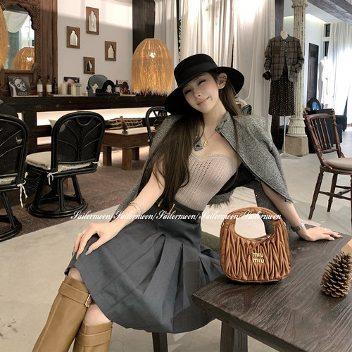 F PROJECT【谬尔手记】重工压褶miu系中长裙灰色西装百褶半裙女