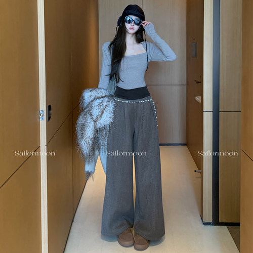 F PROJECT【馥郁森林】羊毛毛呢立体裁剪拼腰宽松阔腿休闲裤冬季