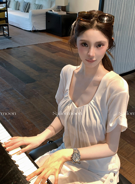 F PROJECT【清甜夏花】面膜Tee～舒适至上天丝羊毛打褶短袖T恤女