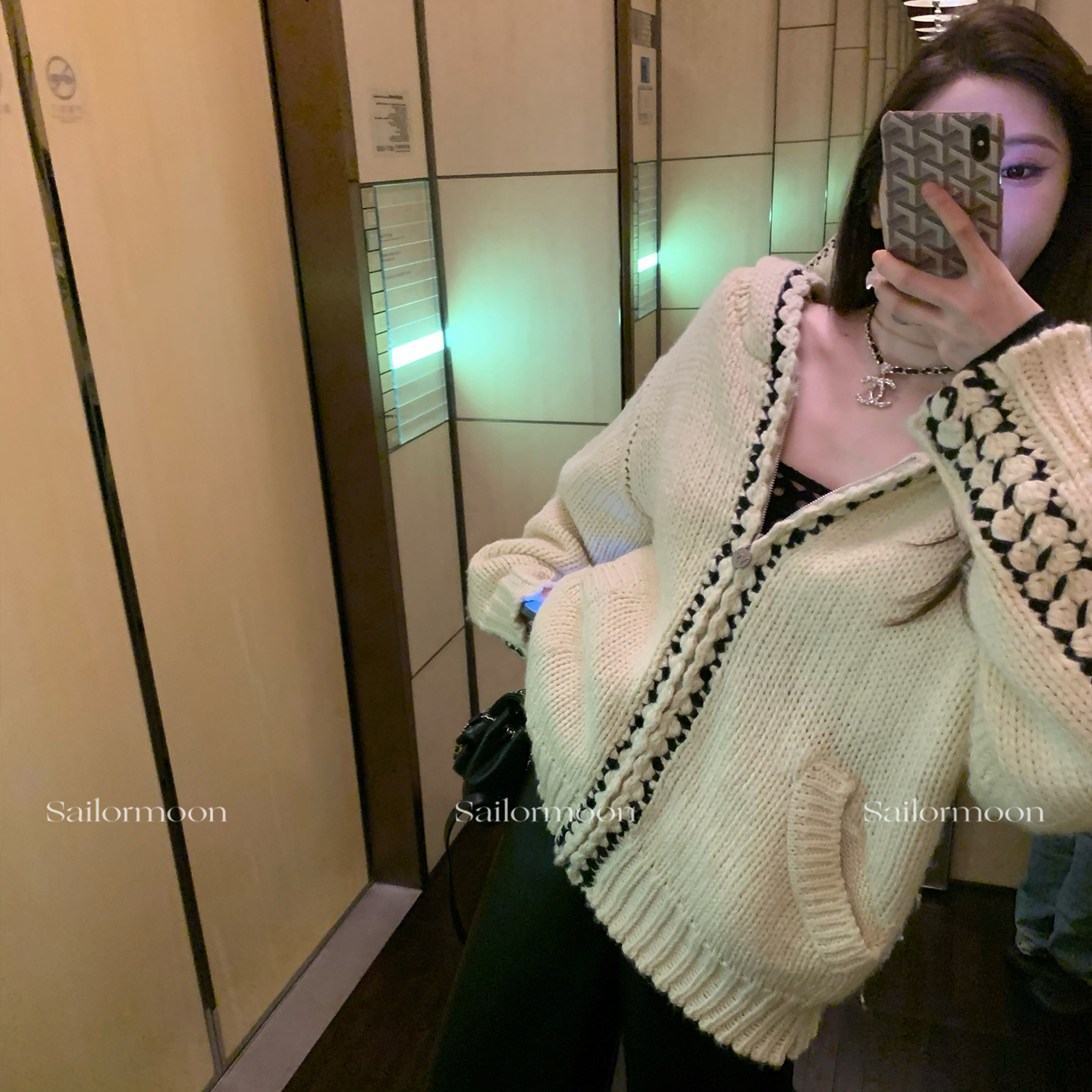 F PROJECT【塞特秋来信】op风～连帽拉链针织开衫钩花拼接外套