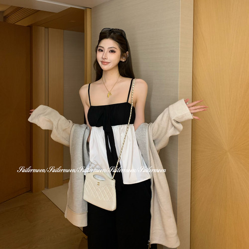 F PROJECT【jennie】小香撞色拼接蝴蝶结吊带上衣女内搭背心