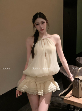 F PROJECT【清纯小白花】珠钉挂脖无袖蓬蓬连衣裙裙裤气质仙女裙
