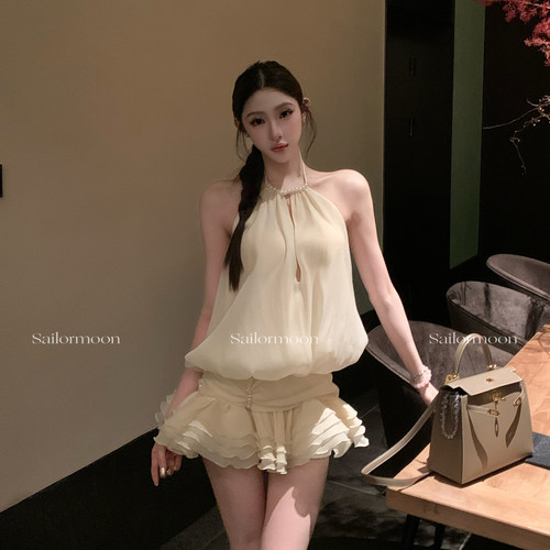 F PROJECT【清纯小白花】珠钉挂脖无袖蓬蓬连衣裙裙裤气质仙女裙