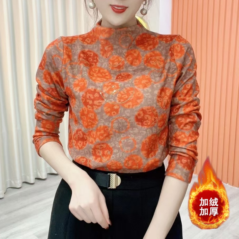 秋冬保暖加絨半高領(lǐng)洋氣打底衫女時尚女士長袖T恤燙鉆一體絨內(nèi)搭