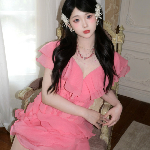 高羔Lamb 玫瑰蜜桃粉2025夏季新款法式少女荷叶边V领网纱连衣裙