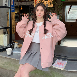 粉色字母棒球服外套女春季2025年新款韩版学院风爆款超火夹克上衣图片