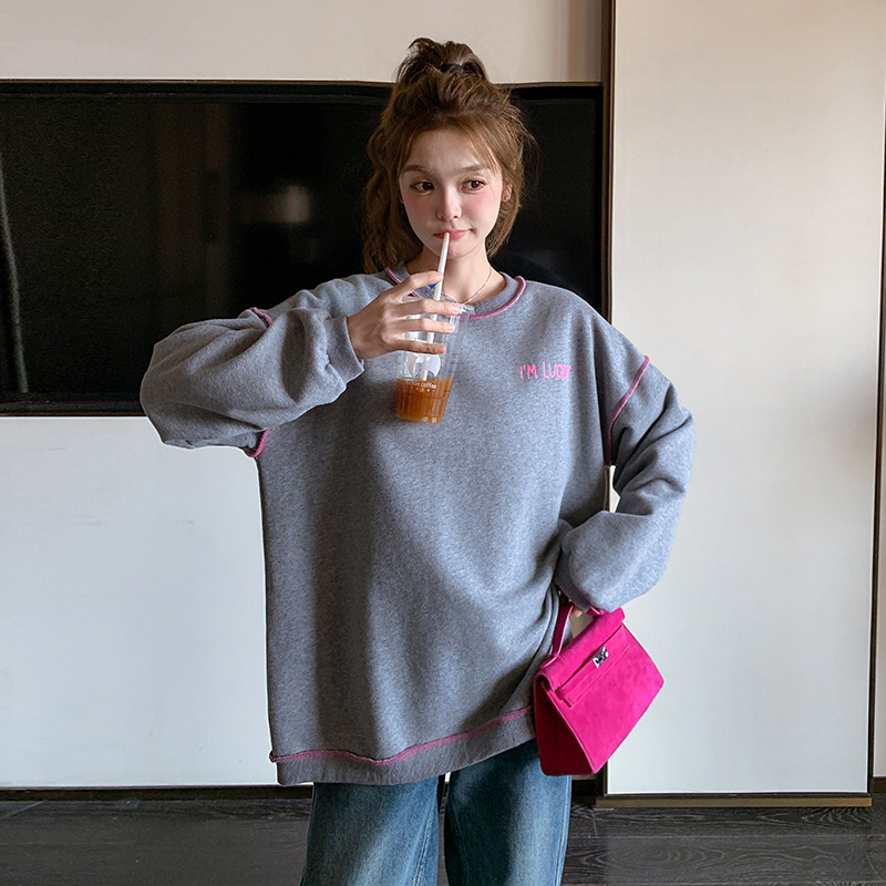超好看灰色涂鸦风圆领卫衣女2025早春新款韩系小个子休闲通勤上衣,女装卫衣/绒衫,浙宝123