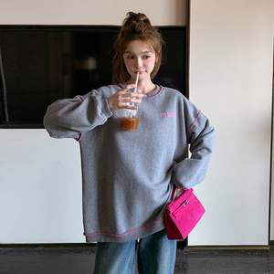 超好看灰色涂鸦风圆领卫衣女2025早春新款韩系小个子休闲通勤上衣图片