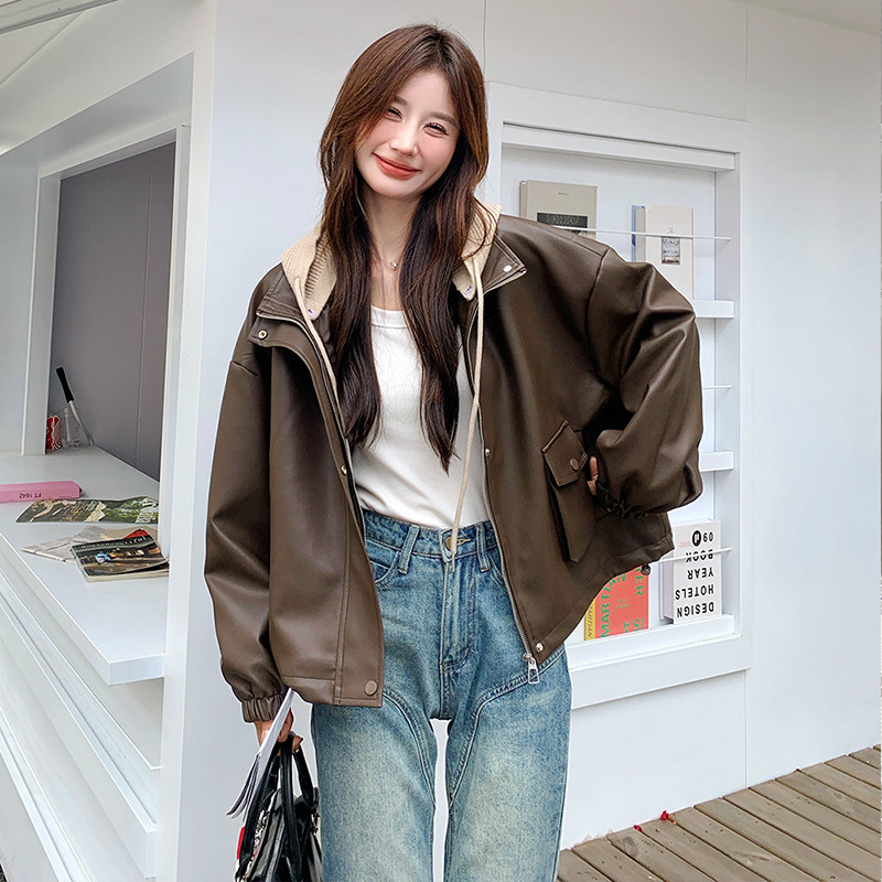 现货有买家秀！2024秋季新款连帽皮衣外套女123-7090-P165-K228,女装皮衣,浙宝123