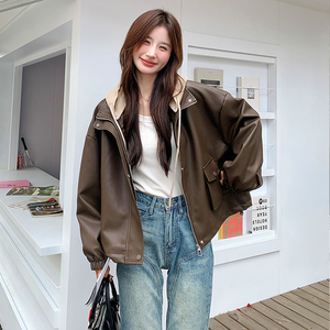 现货有买家秀！2024秋季新款连帽皮衣外套女123-7090-P165-K228图片