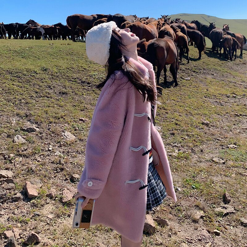 新款数据好！2022冬季粉色羊羔毛牛角扣外套123-8877-P185-268,女装毛呢外套,浙宝123