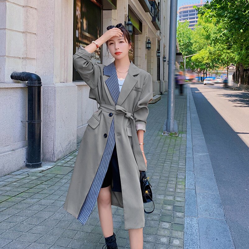 现货！已备！2023春季格子拼接西装风衣123-2351-P135-K198,女装风衣,浙宝123