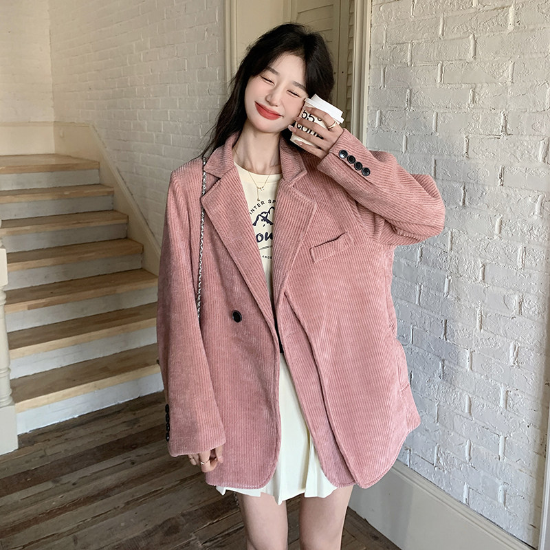 粉色灯芯绒西装外套女2025春秋新款韩版高级感宽松休闲百搭小西服,女装西装,浙宝123