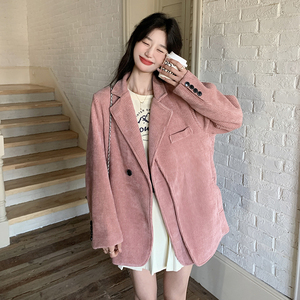 粉色灯芯绒西装外套女2025春秋新款韩版高级感宽松休闲百搭小西服图片