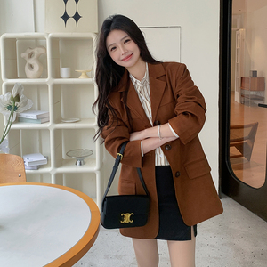 新款！2025春季咖色牛皮绒小西装外套女123-2501-P155-K218图片