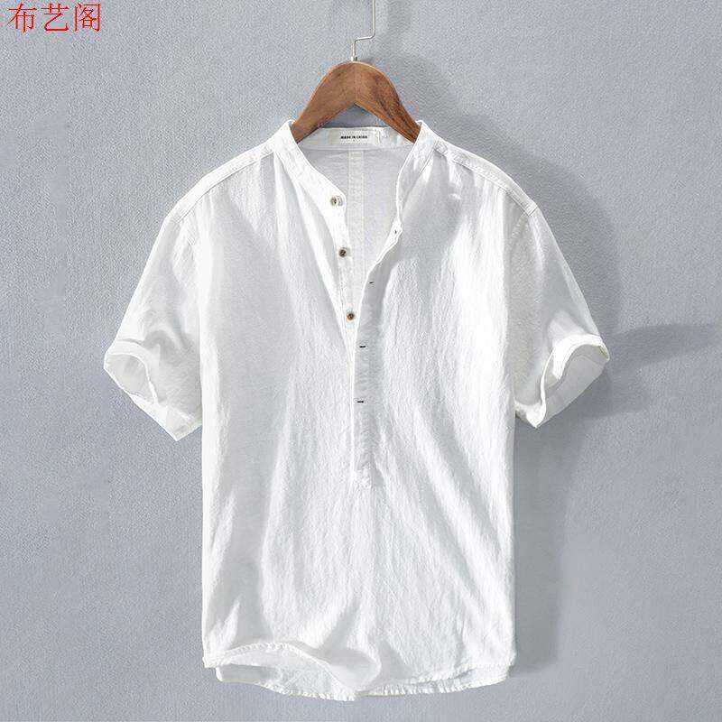 100%亚麻短袖T恤男士套头夏季圆领中国风立领棉麻布体恤衫薄衬衣