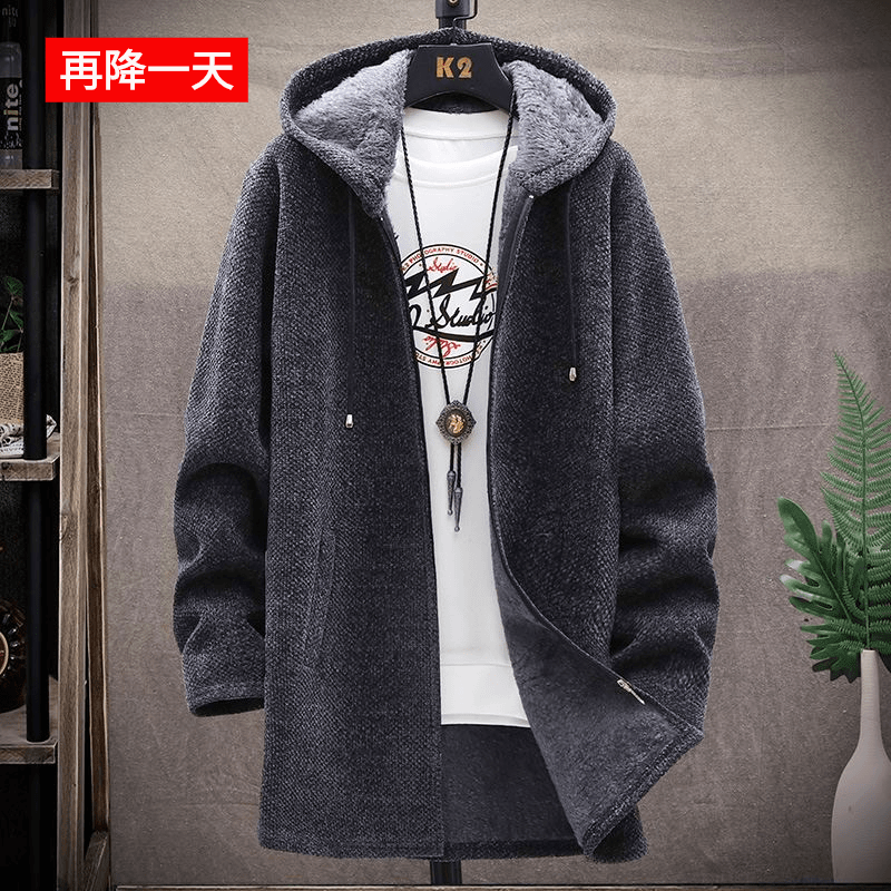 中长款加绒加厚款连帽毛线衣男士休闲外套潮流保暖秋冬季针织开衫